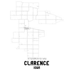 Clarence Iowa. US street map with black and white lines.