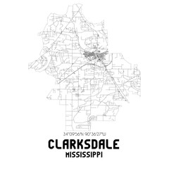 Clarksdale Mississippi. US street map with black and white lines.