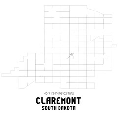 Claremont South Dakota. US street map with black and white lines.