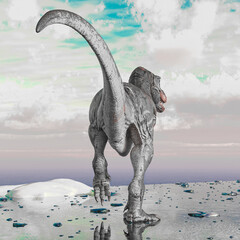 tyrannosaurus rex is walking on ice land rear view