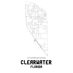 Clearwater Florida. US street map with black and white lines.