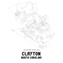 Clayton North Carolina. US street map with black and white lines.
