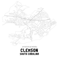 Clemson South Carolina. US street map with black and white lines.