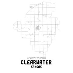 Clearwater Kansas. US street map with black and white lines.