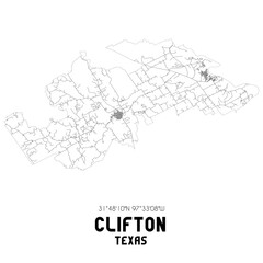 Clifton Texas. US street map with black and white lines.