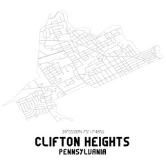 Clifton Heights Pennsylvania. US street map with black and white lines.