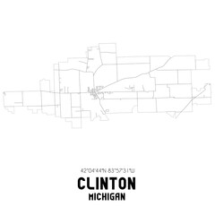 Clinton Michigan. US street map with black and white lines.