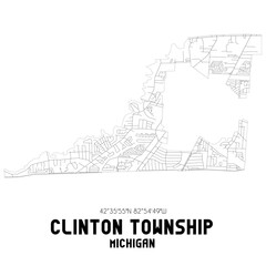 Clinton Township Michigan. US street map with black and white lines.