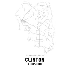 Clinton Louisiana. US street map with black and white lines.