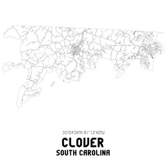 Clover South Carolina. US street map with black and white lines.