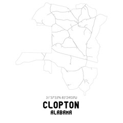 Clopton Alabama. US street map with black and white lines.