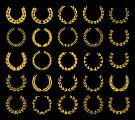 Vintage laurel wreaths set. Collection of different golden silhouette circular signs depicting an award achievement heraldry, nobility, emblem. Laurel wreath award, prize or victory set