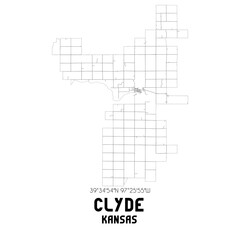 Clyde Kansas. US street map with black and white lines.