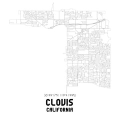 Clovis California. US street map with black and white lines.