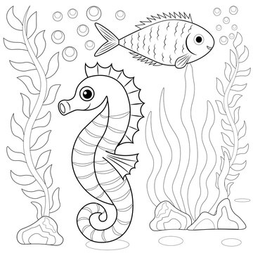 seahorse fish underwater coloring page clip art preview