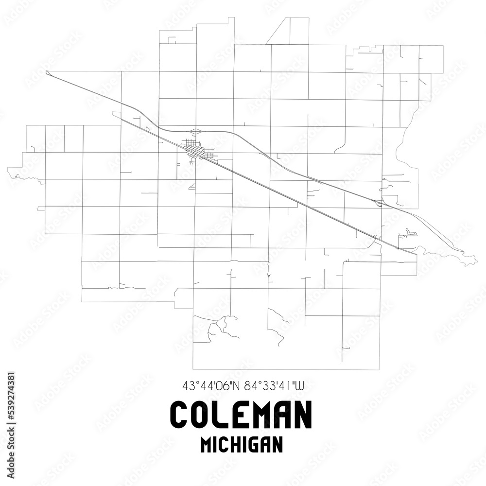 Wall mural Coleman Michigan. US street map with black and white lines.