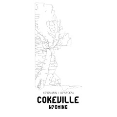 Cokeville Wyoming. US street map with black and white lines.