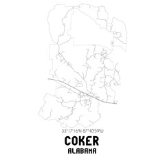 Coker Alabama. US street map with black and white lines.