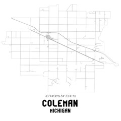 Coleman Michigan. US street map with black and white lines.