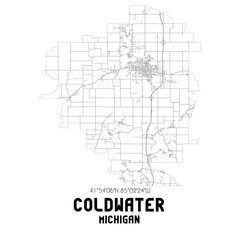 Coldwater Michigan. US street map with black and white lines.