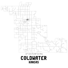 Coldwater Kansas. US street map with black and white lines.
