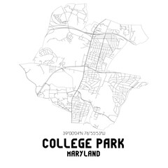 College Park Maryland. US street map with black and white lines.