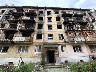 Destroyed and damaged residential buildings in Hostomel after Russia's invasion of Ukraine