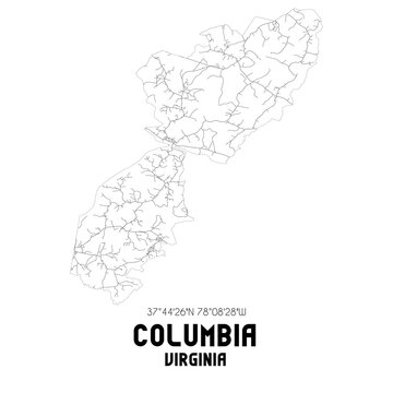 Columbia Virginia. US street map with black and white lines.
