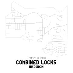 Combined Locks Wisconsin. US street map with black and white lines.