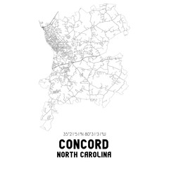 Concord North Carolina. US street map with black and white lines.
