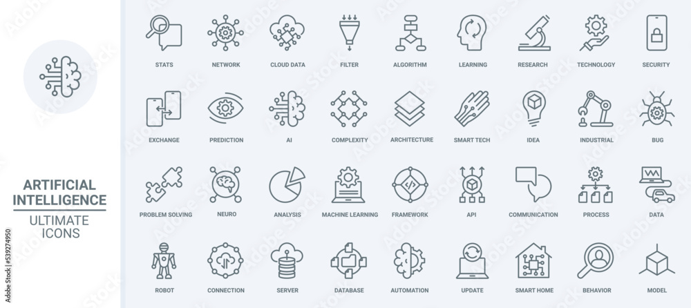 Aufkleber AI technology thin line icons set vector illustration. Abstract outline machine and artificial brain of robot learning, smart algorithms and automation, data cloud analytics and statistics analysis