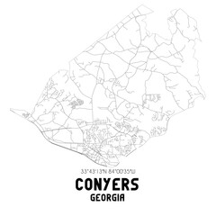Conyers Georgia. US street map with black and white lines.