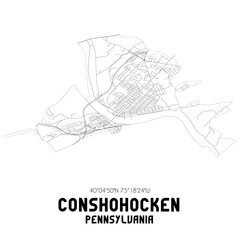 Conshohocken Pennsylvania. US street map with black and white lines.