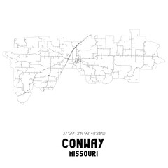 Conway Missouri. US street map with black and white lines.