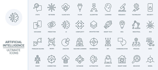 AI technology thin line icons set vector illustration. Abstract outline machine and artificial brain of robot learning, smart algorithms and automation, data cloud analytics and statistics analysis