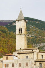Fototapeta premium Pacentro - Abruzzo - Italy - The bell tower of the mother church stands out over the houses of the small mountain village