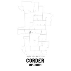 Corder Missouri. US street map with black and white lines.