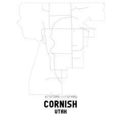 Cornish Utah. US street map with black and white lines.