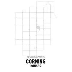 Corning Kansas. US street map with black and white lines.