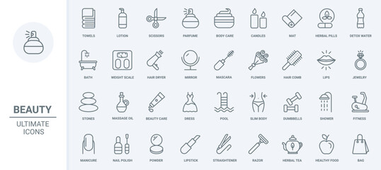 Naklejka na ściany i meble Beauty skin and hair care, makeup cosmetics and hygiene thin line icons set vector illustration. Outline oil massage for body relax in spa salon, herbal detox therapy and manicure, healthy fitness