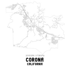 Fototapeta na wymiar Corona California. US street map with black and white lines.