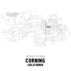 Corning California. US street map with black and white lines.