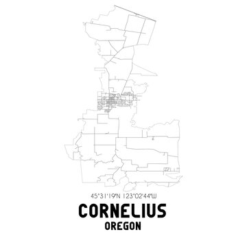 Cornelius Oregon. US street map with black and white lines.