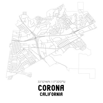 Corona California. US street map with black and white lines.