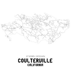 Coulterville California. US street map with black and white lines.