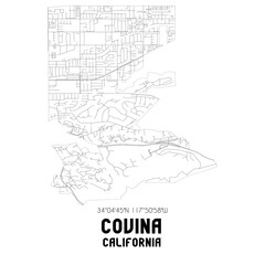 Covina California. US street map with black and white lines.