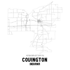 Covington Indiana. US street map with black and white lines.