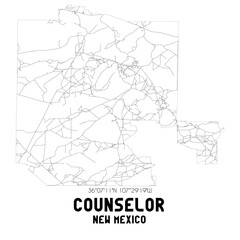 Counselor New Mexico. US street map with black and white lines.