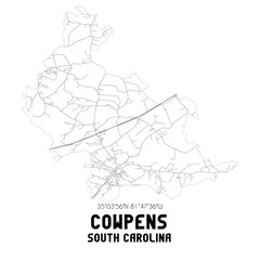 Cowpens South Carolina. US street map with black and white lines.