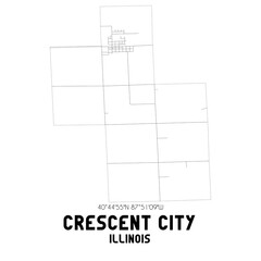 Crescent City Illinois. US street map with black and white lines.